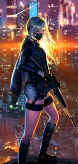 Anime female warrior with weapon against a neon-lit city backdrop.