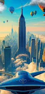 Futuristic cityscape with airship and balloons above skyscrapers.