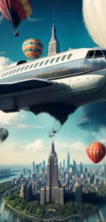 Futuristic airship over city with balloons in a vibrant sky scene.