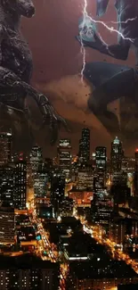 Alien figures over futuristic cityscape at night, with lightning in the sky.