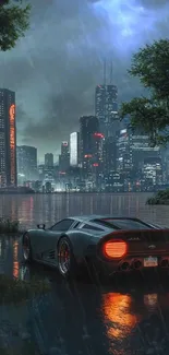 Futuristic car by city skyline in rain.