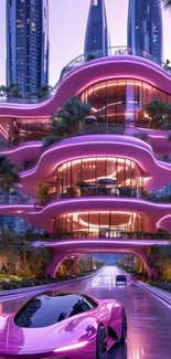 Futuristic cityscape with neon purple building and sleek car.