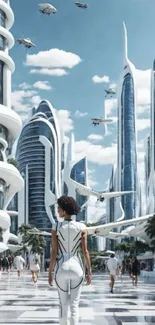 Futuristic cityscape with skyscrapers and flying vehicles under a blue sky.
