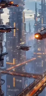 Futuristic cityscape with flying cars at dusk.