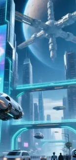 Futuristic cityscape with flying cars and skyscrapers.
