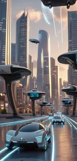 Futuristic cityscape with flying cars in a modern urban setting.