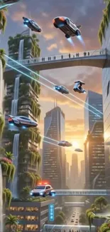 Futuristic city with flying cars and green buildings at sunset