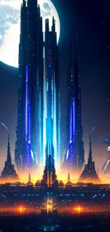 Futuristic cityscape with skyscrapers under a full moon.