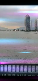 Futuristic city skyline with neon lights and water reflections.