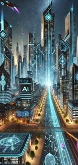 Futuristic cityscape with neon lights and towering buildings.