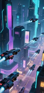 Futuristic cityscape with neon lights and flying cars at night.