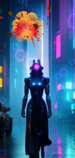 Futuristic cityscape with neon lights and robot in cyberpunk style.