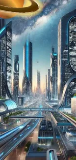 Futuristic cityscape with Saturn above.