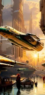 Futuristic city with spaceships soaring above a canal at sunset.