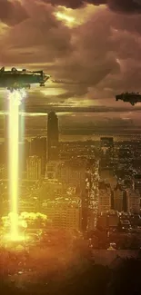 Futuristic cityscape with spaceships and golden clouds.