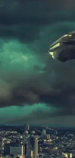 Futuristic cityscape with UFO in cloudy skies