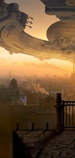 Futuristic cityscape with UFO in sunset.