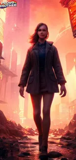 Woman walks through futuristic city with glowing orange lights.