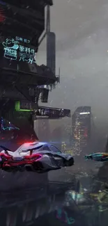 Cyberpunk cityscape with neon lights and flying cars.