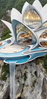 Futuristic lotus-shaped building on cliff