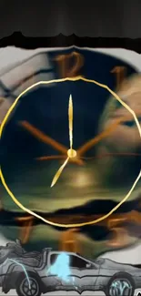 Futuristic clock with car design background.