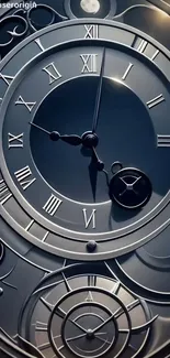 Dark blue clock with Roman numerals.