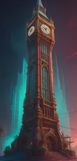 Futuristic clock tower with teal neon lights and colorful sky.