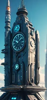 Futuristic clock tower against a bright sky.