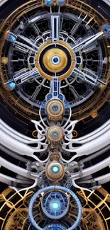 Futuristic clockwork wallpaper with gold and blue accents, featuring intricate gears.