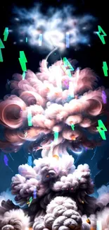 Futuristic cloud explosion with neon lights.