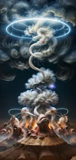 Futuristic clouds with glowing rings in a surreal landscape art wallpaper.