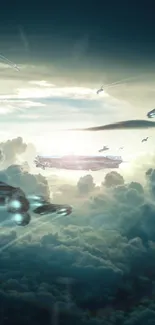 Futuristic spaceships soar above dramatic clouds.