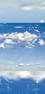 Futuristic clouds in a blue sky with digital elements.