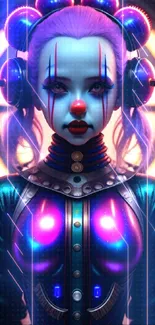 Futuristic neon clown wallpaper with vibrant colors and sci-fi theme.