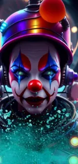 Futuristic clown art wallpaper with vibrant colors and sci-fi elements.