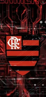 Futuristic red and black club shield wallpaper with digital elements.