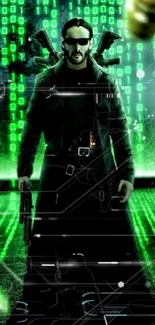 Futuristic character with green matrix code background.