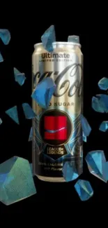 Futuristic cola can surrounded by floating blue crystals on black background.