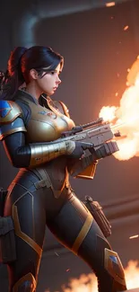 Futuristic warrior in tech armor with fiery background.