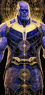 Futuristic comic character with glowing details on a mobile wallpaper.