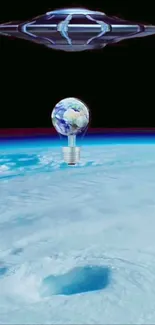 Futuristic space scene with lightbulb and spaceship over Earth.