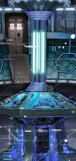 Futuristic console room with tech blue glow.