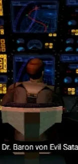 Character in a futuristic control room with digital screens glowing.