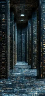 Futuristic corridor with tech design in dark tones.