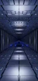 Futuristic dark blue corridor wallpaper with metallic and symmetrical design.