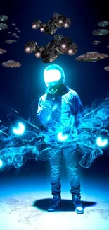 Futuristic astronaut surrounded by blue light with spaceships overhead.