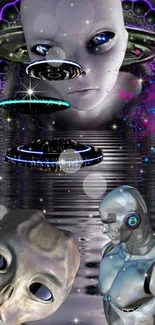 Futuristic alien and robotic figures with UFOs in cosmic scenery.