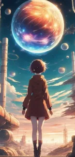 Futuristic anime character gazing at a colorful cosmic planet with a dark blue sky.