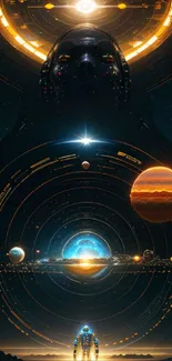 Futuristic cosmic wallpaper with planets and celestial elements.