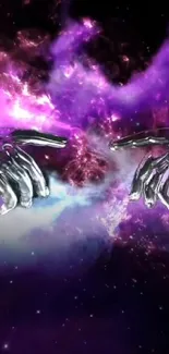 Futuristic metallic hands in cosmic purple background.